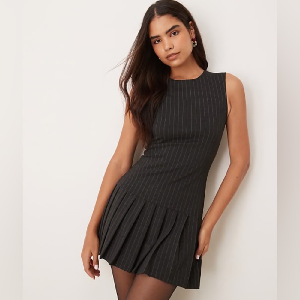 Mango Black/Gray Pinstripe Pleated Mini Dress